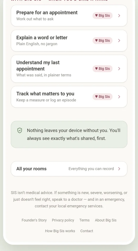 Big Sis in SIS: prepare for an appointment, explain a word or letter, understand my last appointment. Nothing leaves your device without you.
