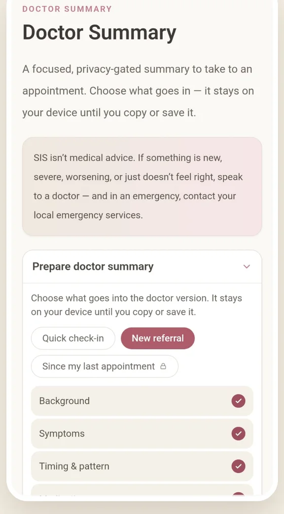 SIS Doctor Summary: choose what goes into the doctor version.